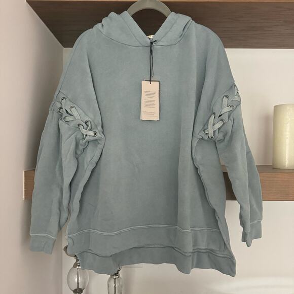Avocado Lace Up Sleeve Hooded Sweatshirt in Light Blue - Picture 1 of 5